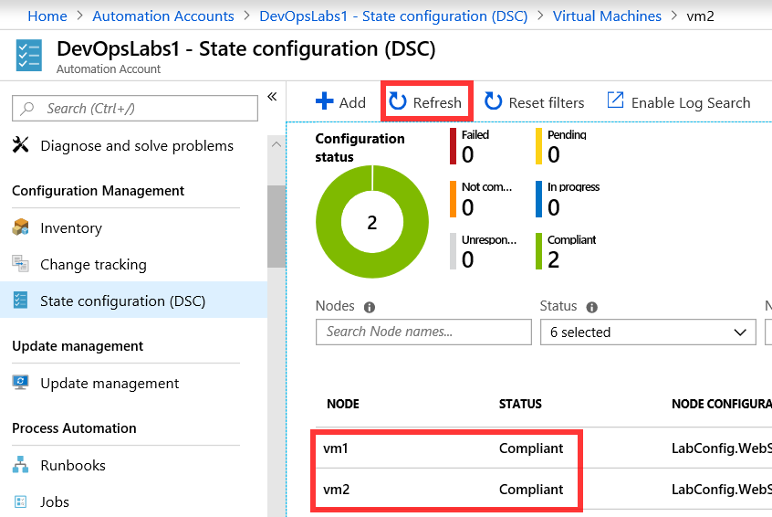 Screenshot of the Nodes tab inside the State Configuration DSC pane in Azure Portal. The Status of two VMs is shown as Compliant.  The Status display element is highlighted to illustrate how to verify that the Node Status for each VM is set to Compliant.
